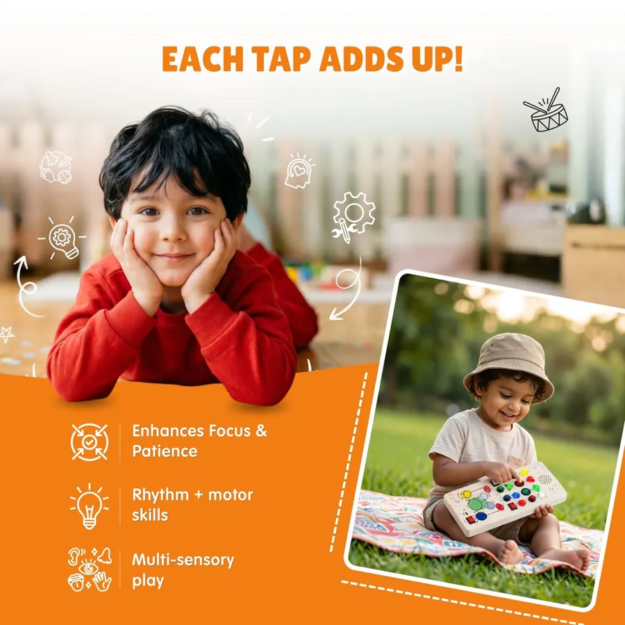 Child happily playing screen-free with the Beat Maker — builds focus, rhythm and motor skills
