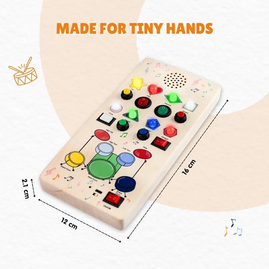 Beat Maker dimensions — 16cm x 12cm x 2.1cm, made for tiny hands